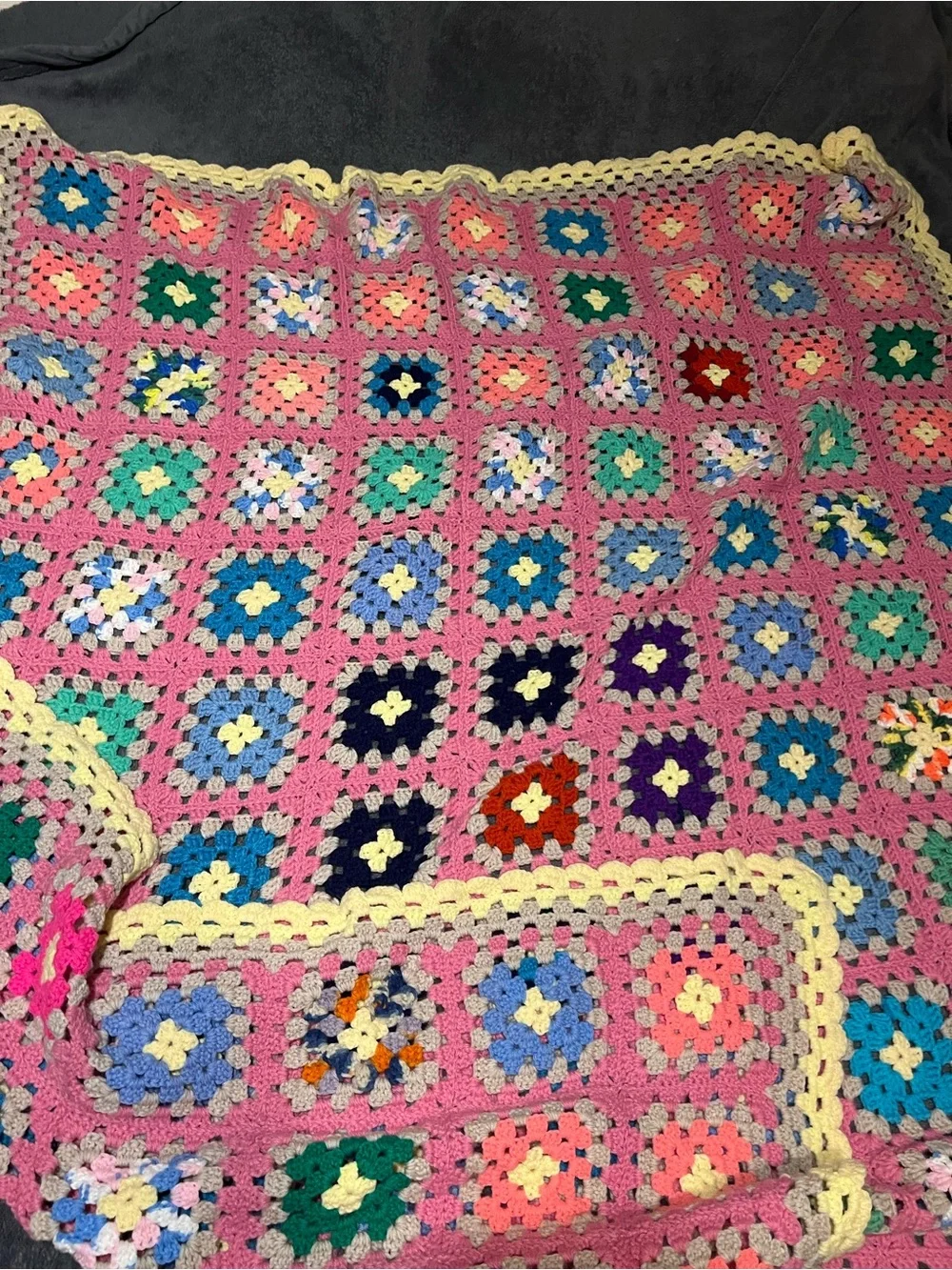 Handmade Pink Multicolor Granny Square Crochet Blanket